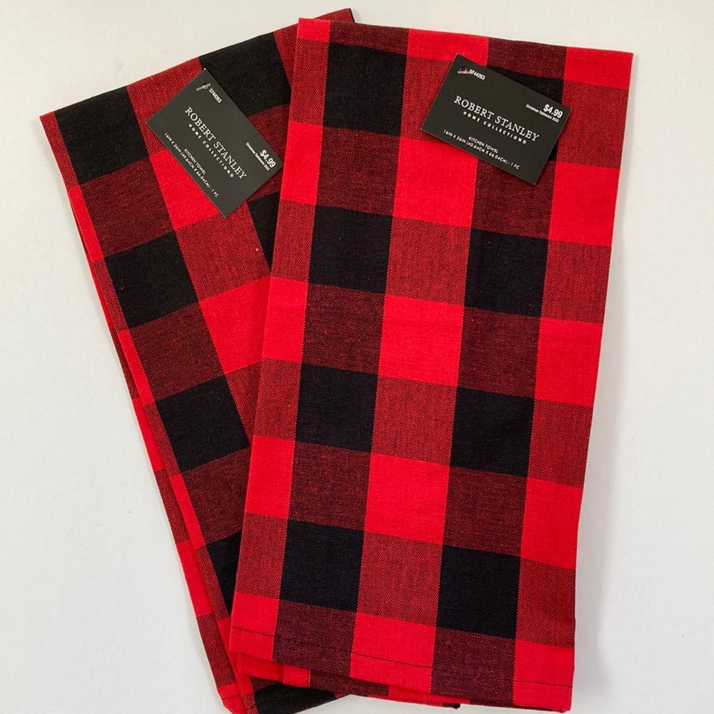 Robert Stanley Kitchen Tea Towels Red Buffalo Check 16x26 Inch Set of 2